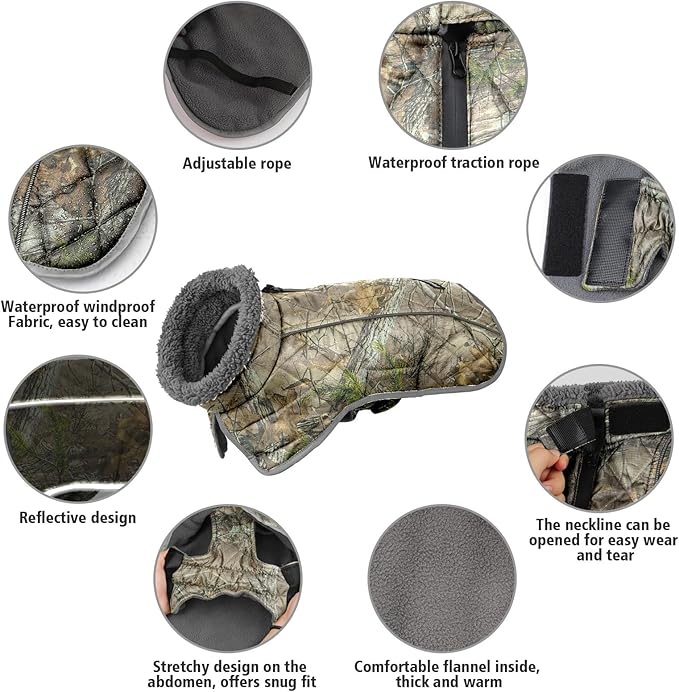 Fragralley Dog Coat Large, Waterproof Dog Jacket with Warm Fleece Lining, Adjustable Reflective Dogs Winter Coat, Turtleneck Pet Coats for Cold Weather (Reed Camouflage L)