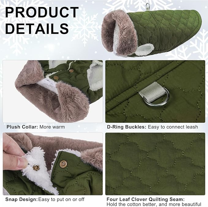 BEAUTYZOO Winter Dog Coat with Harness Built in, Warm Dog Puffer Jacket Vest Padded Fleece Cold Weather Coats Windproof Waterproof Snow Jackets Clothes for Small Medium Puppy, Green M