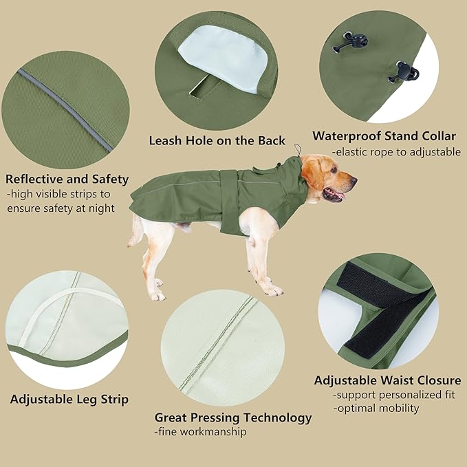 Adjustable Waterproof Dog Raincoat for Dogs,Lightweight Pet Rain Jacket Puppy Clothes with Reflective Strip for Small Medium Large Dogs (Army Green, Large)
