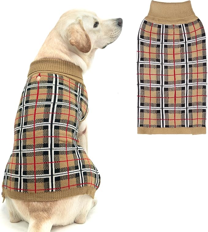 PUPTECK Dog Sweaters for Large Medium Small Dogs - Fall Classic Plaid Style Puppy Holiday Winter Coat Clothes Warm, Cream, XL