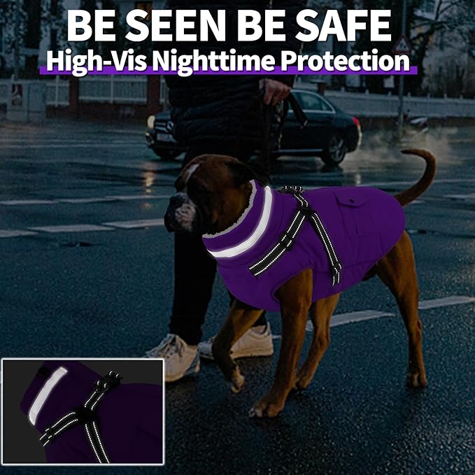 Dogcheer Dog Coat with Harness, Waterproof Warm Dog Winter Jacket with Pockets, Reflective Pet Fleece Jacket Turtleneck Snowsuit for Small Medium Large Dogs - Purple, XL
