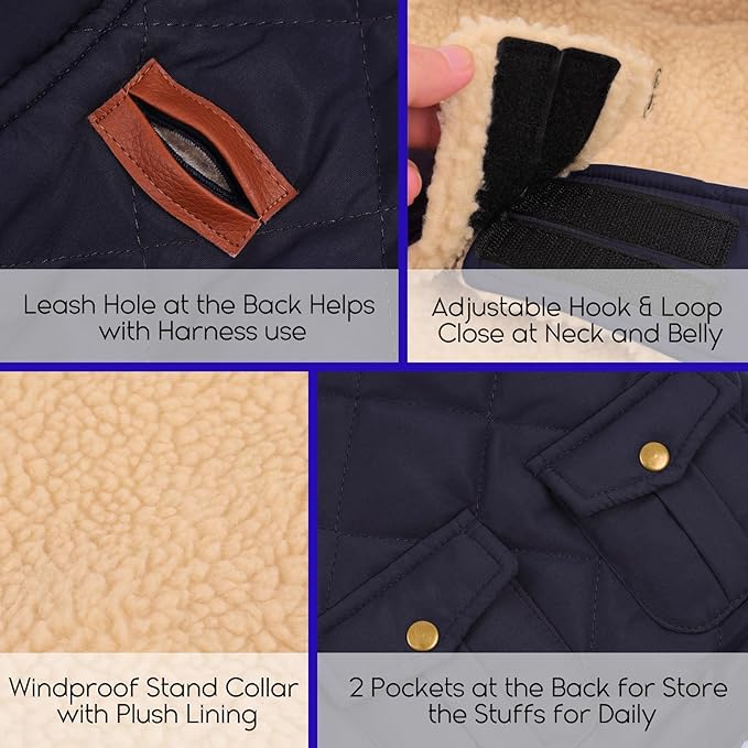 ASENKU Warm Dog Winter Coat, Waterproof Dog Coat for Cold Weather, Fleece Dogs Jacket with Ultra Thick Plush Lining Leash Hole Storage Pockets for Medium Large Dogs (Navy Blue, Large)