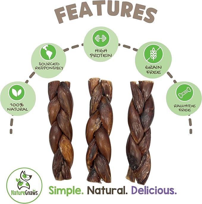 Nature Gnaws Braided Beef Chews for Dogs 5-6" (3 Count) - Long Lasting for Small and Medium Dogs - Natural Beef Gullet Jerky Dog Chew Treats