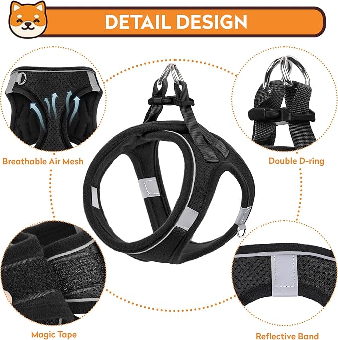 Dog Harness with Leash Set, No-Pull Step-in Reflective Pet Harness with 1 Leash Clips, Adjustable Soft Padded Easy Walk Dog Vest for Small Medium Large Dogs, Cats(Carbon Black, Large)