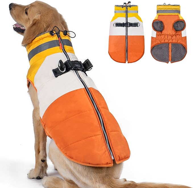 azuza Dog Jacket for Medium Dogs Waterproof Dog Coat with Reflective Strips and Harness Built in Warm Fleece Dogs Winter Coat Windproof with Back Zipper, Orange 2XL