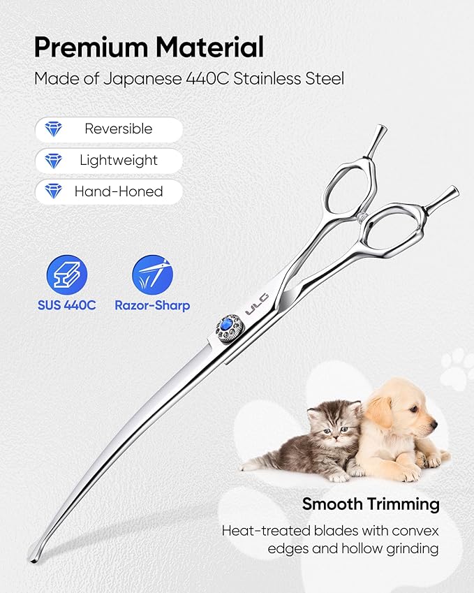 ULG 7.5" Curved, Compact Dog Grooming Scissors - Professional Pet Shears, Silver Stainless Steel