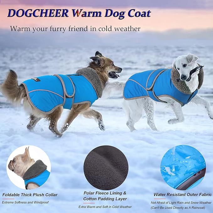 Dogcheer Dog Coat, Waterproof Dog Jacket Reflective Pet Winter Coat with Adjustable Hook & Loop, Christmas Puppy Fleece Jacket Warm Turtleneck Snowsuit for Small Medium Large Dogs - Sky Blue, S