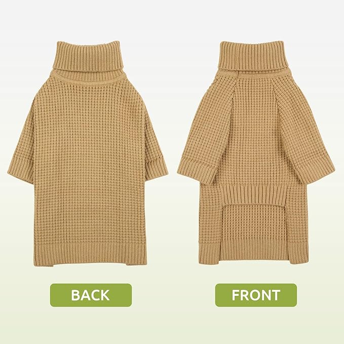 Queenmore Large Dog Sweater, Long Sleeve Knitted Dog Sweater with Check Pattern, Fall Winter Warm Pet Sweaters, Solid Pull-on Pet Sweater for Cats, Brown L