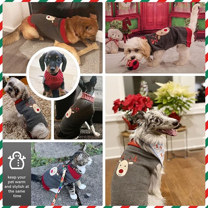 PETCARE Reindeer Christmas Dog Sweater Gray Cat Sweater Vest Cartoon Elk Pet Holiday Dog Clothes Puppy Sweaters for Small Medium Large Dogs Cats Fall Winter Outfits Xmas Dogs Costume,Small