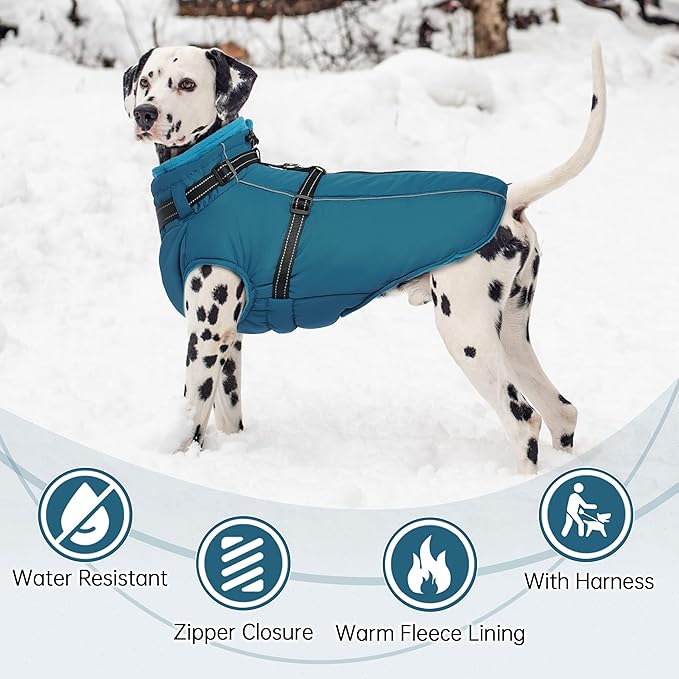 PUMYPOREITY Snow Jacket for Large Dogs Waterproof, Warm Dog Winter Coat with Harness Built in, Fleece Jacket with Back Zipper, Cold Weather Coats for Outdoor, Windproof Pet Snowsuit, Blue, 2XL