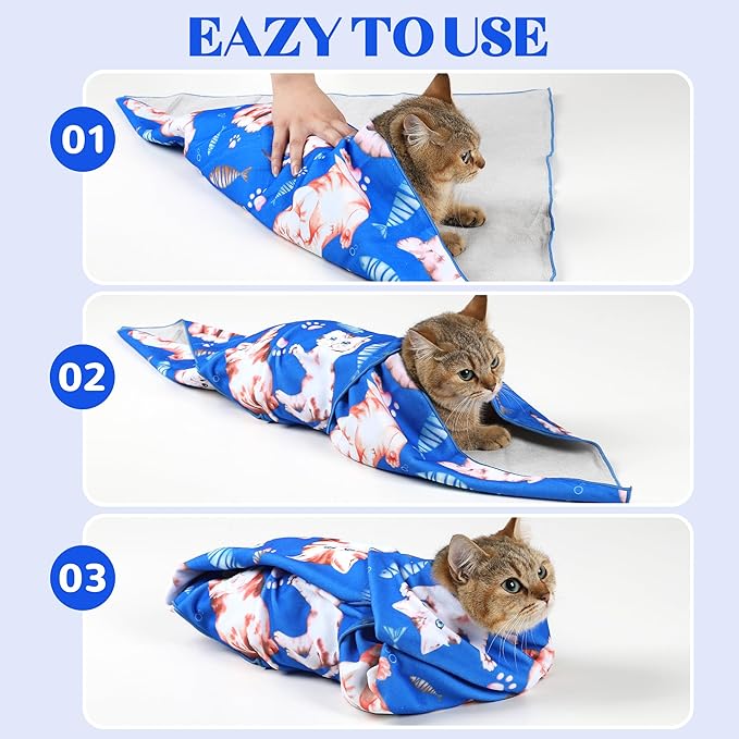 27.6“ Cat Wrap for Cutting Nails Self-Adherent Fabric Cat Wrap for Grooming Cat Restraint for Nail Clipping Anti-Escape Cat Calming Wrap Within 15lbs