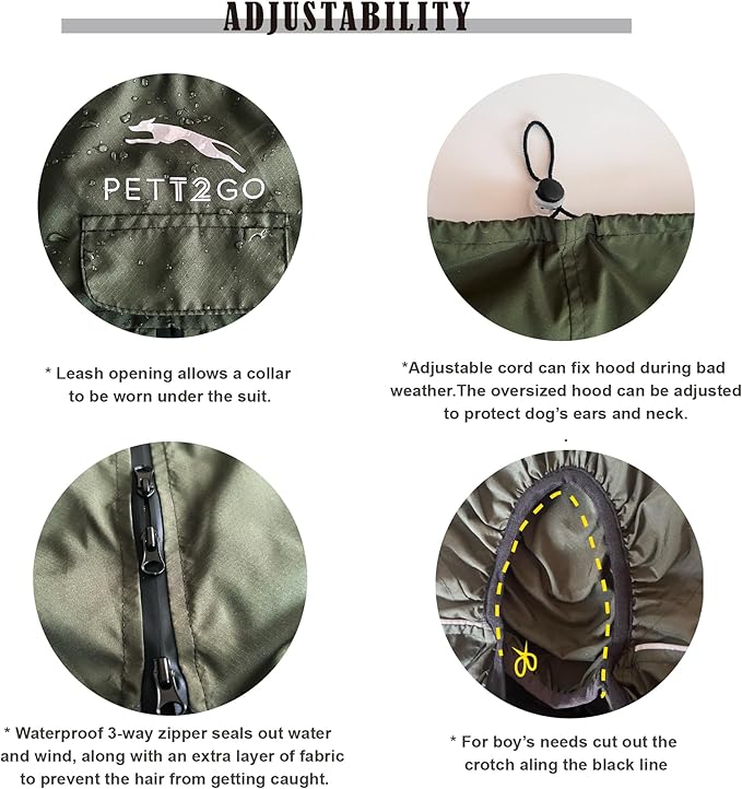 Dog Lightweight Windbreaker, Dog Outdoor 4-Legs Jacket, 0.5 lbs,Durable Water Repellent, Hooded, Easy on/Off with Collar and Harness, Reflective, Packable,Dark Olive -XXL(Male)