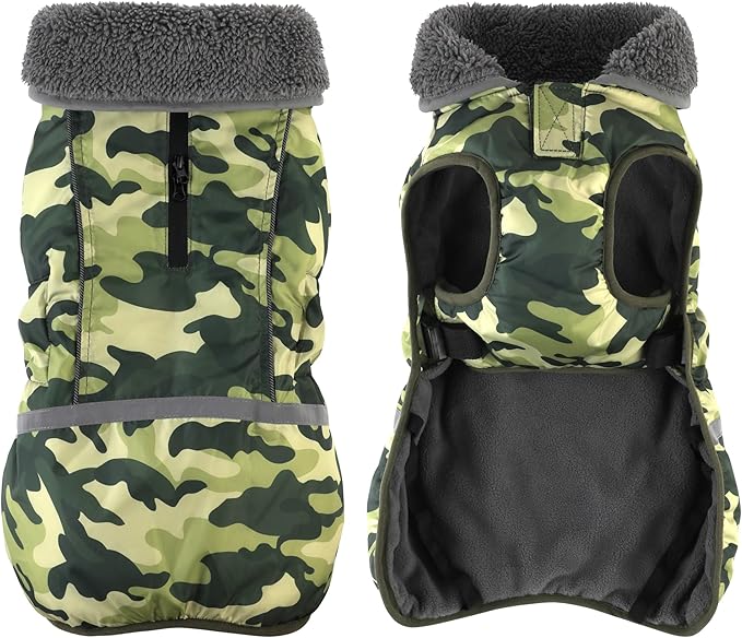 Dogcheer Warm Dog Coat, Waterproof Dog Jacket Reflective Adjustable Puppy Winter Coat with Buckle, Christmas Pet Snow Jacket Turtleneck Fleece Sweater for Small Medium Large Dogs- Camo Green, XL