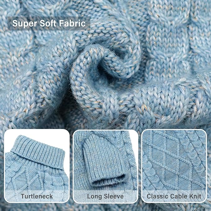 KYEESE Dog Sweater Long Sleeve Pet Coats Turtleneck Dog Sweater for Small Medium Dogs Stretchy Dogs Clothes with Classic Cable Knit for Cold Weather, Blue, X-Large