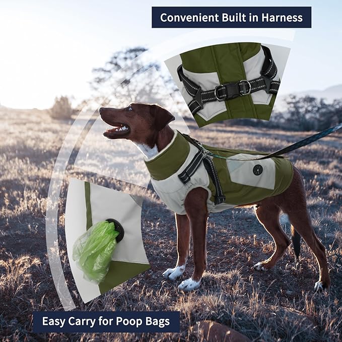IECOii Dog Coat with Harness Built in - Green, Large - Waterproof Winter Coat, Fleece Lined Snow Jacket for Dogs