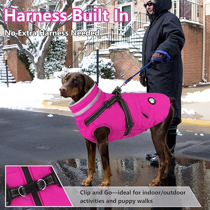 Dogcheer Dog Coat with Harness, Waterproof Dog Jacket Christmas Pet Winter Coat with Pockets, Reflective Doggy Turtleneck Fleece Jacket for Small Medium Large Dogs - Pink, XS