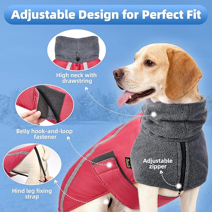 SlowTon Winter Dog Coat, Warm Polar Fleece Lining Doggie Outdoor Jacket with Turtleneck Scarf Reflective Stripe Adjustable Waterproof Windproof Puppy Vest Soft Pet Outfits (XXL,Red)