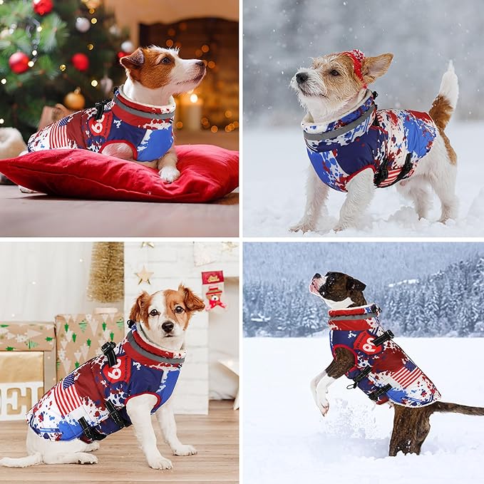 Dogcheer Dog Winter Coat, American Flag Dog Jacket with Harness, Adjustable Puppy Coat with Zipper, Waterproof Pet Fleece Jacket Snowsuit for Small Medium Large Dogs - US Flag 3XL