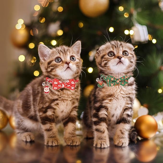 ADOGGYGO Christmas Cat Collar with Removable Bow Bell, 2 Pack Red Green Santa Reindeer Christmas Collars for Cat Kitten