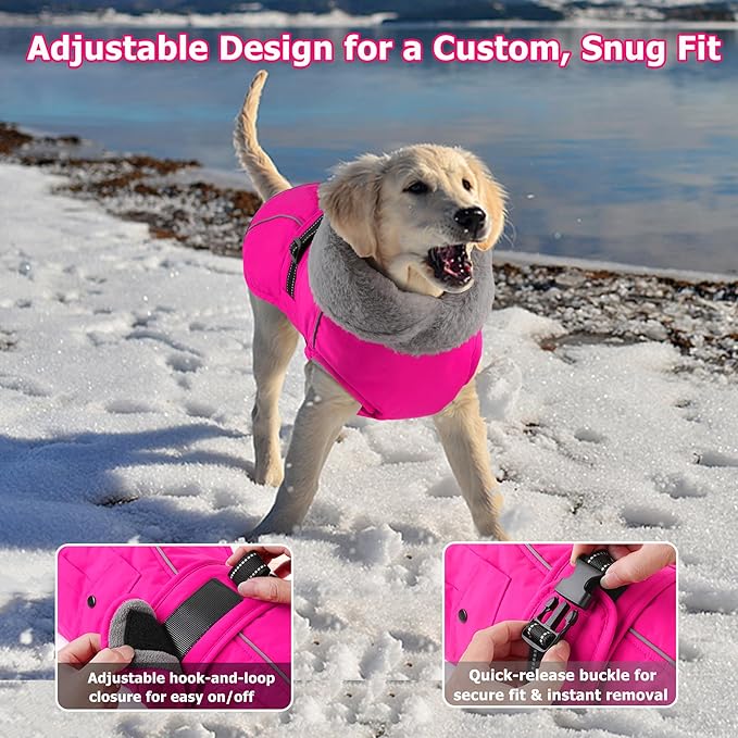 Dogcheer Dog Coat with Pocket, Waterproof Dog Jacket with Adjustable Buckle, Reflective Puppy Winter Coat Warm Turtleneck Fleece SnowJacket for Small Medium Large Dogs - Pink L