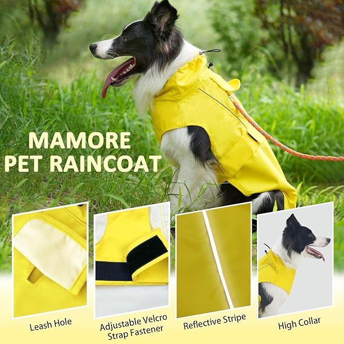 Waterproof Dog Raincoat, Adjustable Lightweight Dog Rain Jacket with Reflective Strip Leash Hole for Small Medium Large Dogs (Yellow, Medium(13-22lb))