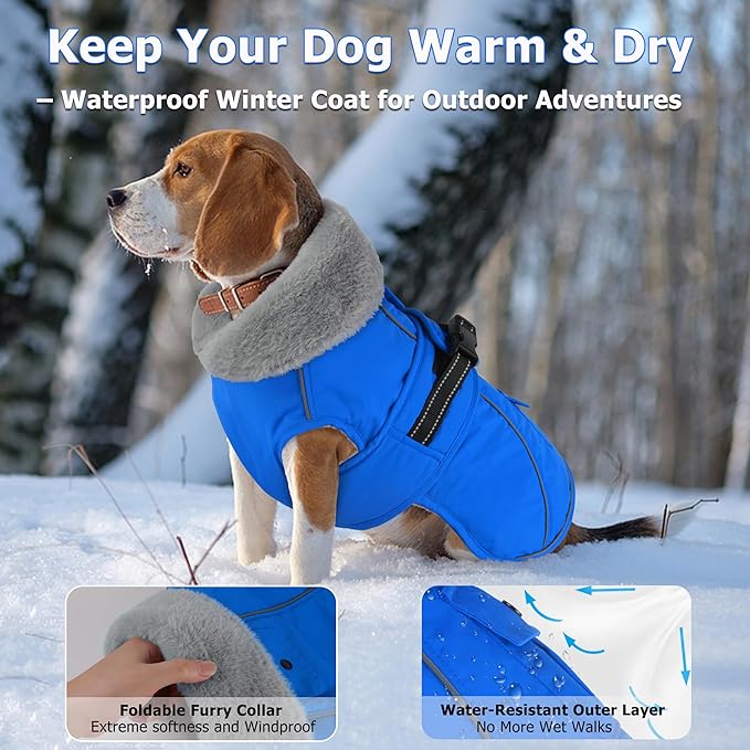 Dogcheer Dog Coat with Pocket, Waterproof Dog Jacket with Adjustable Buckle, Reflective Puppy Winter Coat Warm Turtleneck Fleece SnowJacket for Small Medium Large Dogs - Blue L