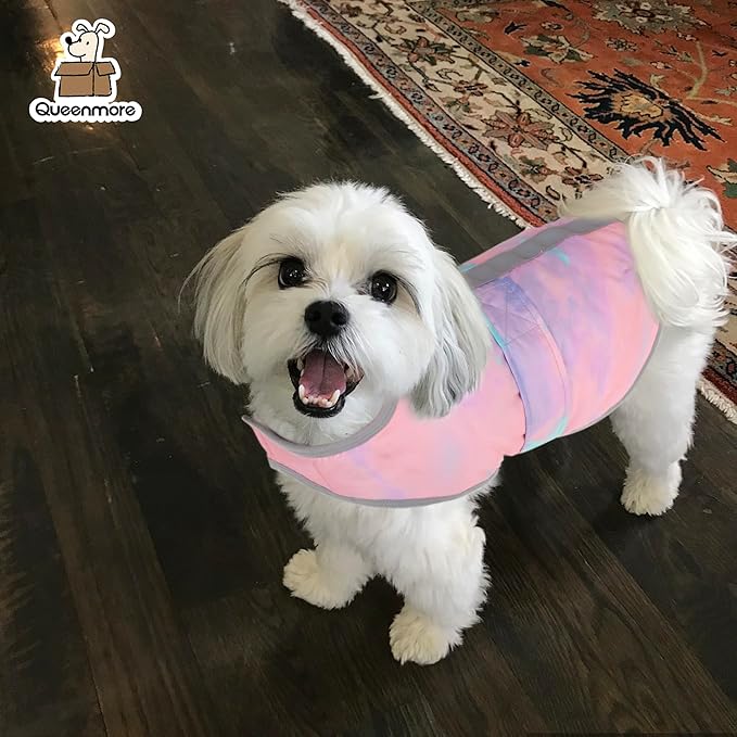 Queenmore Dog Winter Coat, Cold Weather Fleece Jacket for Dogs, Waterproof Reflective Reversible, for Small, Medium and Large Dogs (Tie-Dye, L)