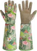 HANDLANDY Leather Gardening Gloves for Women, Scratch Resistant Breathable Ladies Rose Pruning Garden Gauntlet Yard Gloves, Gift for Gardeners (Khaki, M)
