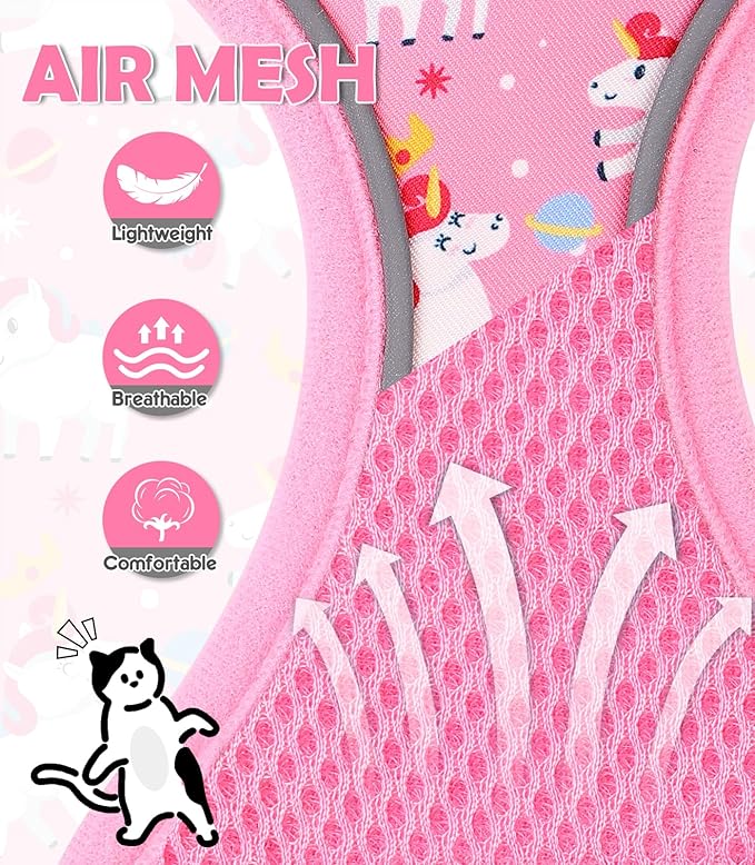Halypet Cat Harness and Leash Set[MAX Safety 4th-Gen] Cute Escape Proof Vest Harness for Girl&Boy Cat Walking, Comfortable Adjustable Leash and Reflective Strips for Outdoor Kitten, M Pink Unicorn