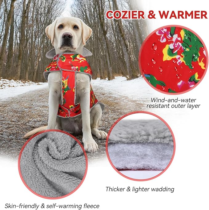 VIVAGLORY Frostfit Dog Coat, Dog Jacket for Winter & Cold Weather, Warm Fluffy Fleece Lined Water Resistant Reflective for Puppy, Coat with Velcro Fastening & Leash Hole, L, Northeast Florals-Red