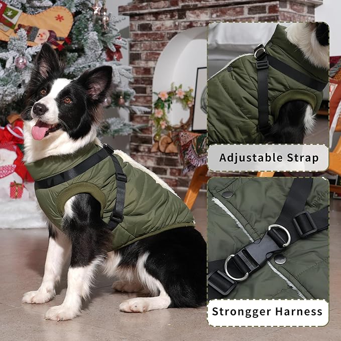 Dog Jacket with Harness,Fleece Lined Warm Puppy Coat for Winter,Soft Windproof Large Dog Vest,Green XXL