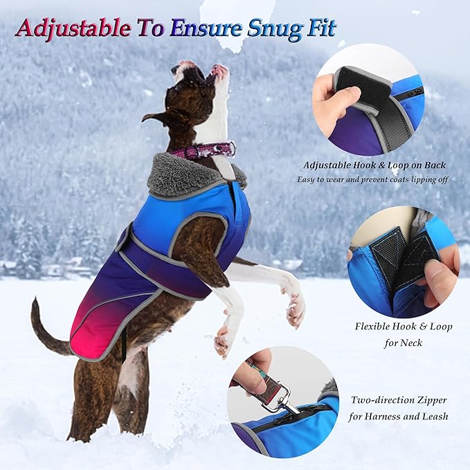 Dogcheer Dog Coat, Waterproof Dog Jacket Reflective Pet Winter Coat with Adjustable Hook & Loop, Christmas Puppy Fleece Jacket Warm Snowsuit for Small Medium Large Dogs - Gradient Blue-red, S
