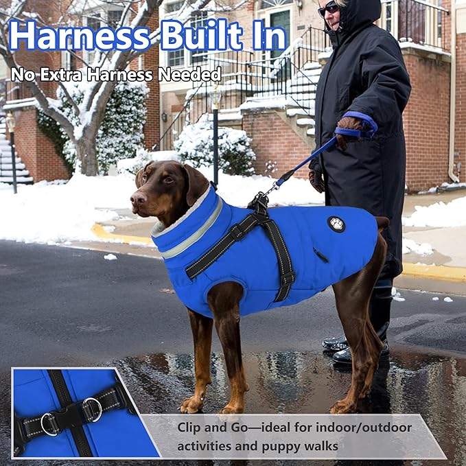 Dogcheer Dog Coat, Waterproof Dog Winter Jacket with Harness, Reflective Adjustable Doggy Cold Weather Coats, Christmas Pet Fleece Snowsuit for Small Medium Large Dogs - Blue, 3XL