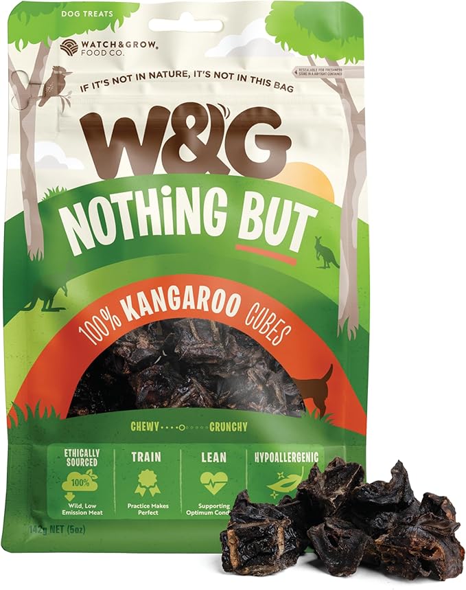 W&G Kangaroo Cubes, All Natural Dog Treats, Low Fat Air-Dried Lung Bites, Single Ingredient Snack for Sensitive Stomach Pets, Healthy Chews for Small to Large Dogs, No Fillers, No Grain, 5oz