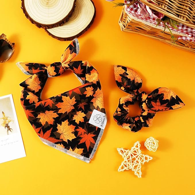 E-Clover Fall Dog Bandana & Scrunchie Set - Thanksgiving Pet Scarf Kerchief Bibs for Medium Large Dogs - Maple Leaves