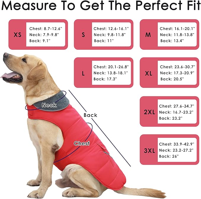 Dog Coat, Waterproof Dog Winter Jacket with Pocket, Reflective Adjustable Pet Snow Vest, Warm Cozy Fleece Sweater for Small Medium Extra Large Dogs - Red, S
