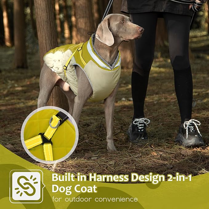 Dog Winter Coat with Harness, Dog Jacket, Pet Clothes with Zipper on Back, Waterproof Windproof Warm Vest, Reflective Cold Weather Coats, for Small Medium Large Dogs, Thick, Green, XL