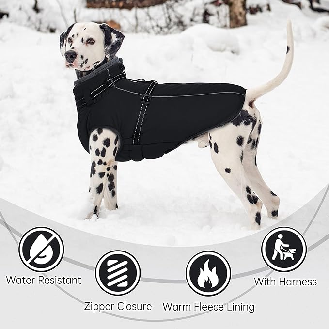PUMYPOREITY Winter Fleece Coat for Small Dogs, Reflective Dog Jacket with Harness Built in, Waterproof Warm Coat for Dogs, Cold Weather Coats for Outdoor, Therma Windproof Pet Snowsuit, Black,XS