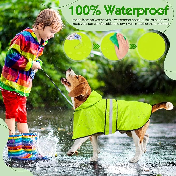Weesiber Dog Raincoat, Waterproof Dog Rain Jacket with Leash Hole, Reflective Puppy Rainwear Hooded Pet Poncho Slicker for Walking (S, Green)