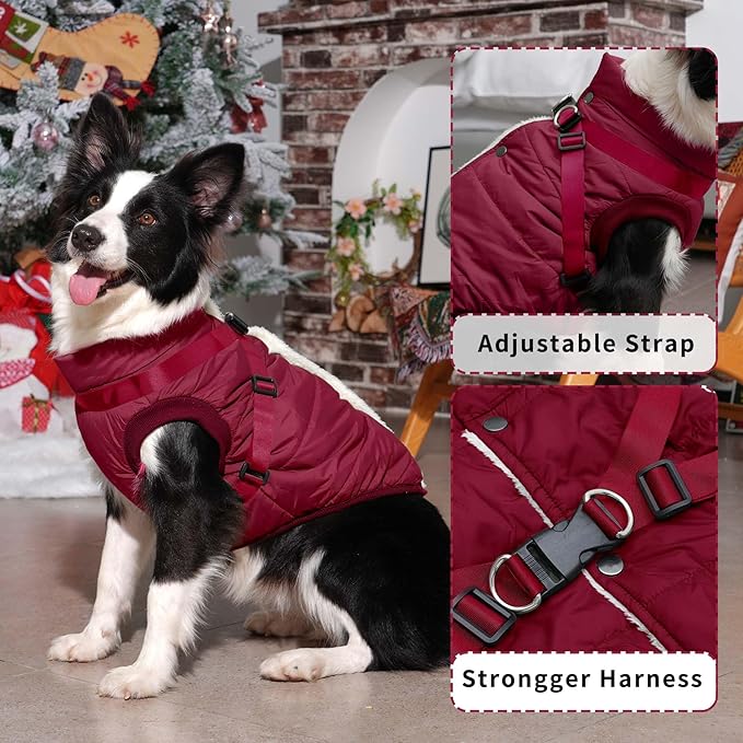 Dog Jacket with Harness,Fleece Lined Warm Puppy Coat for Winter,Soft Windproof Small Dog Vest,Red S
