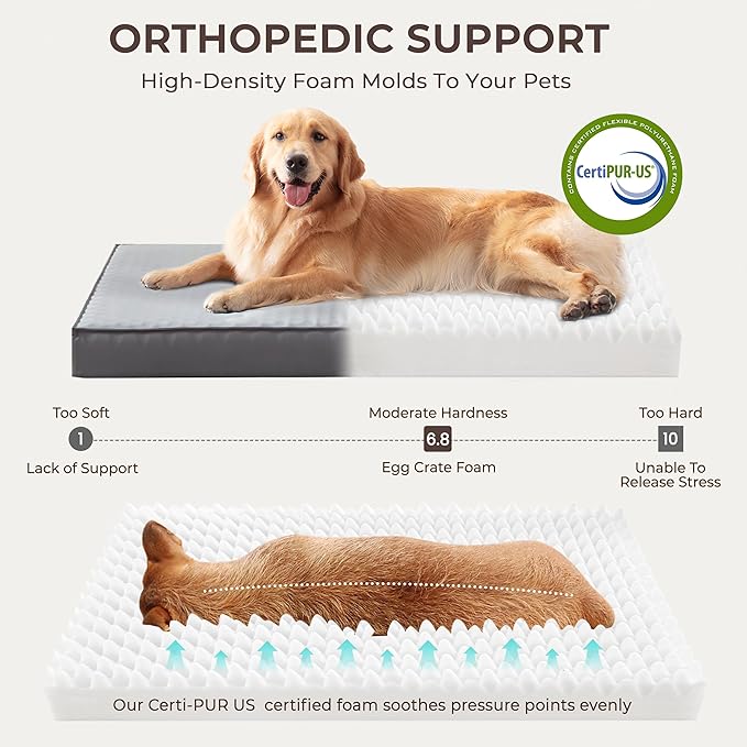 Orthopedic Dog Bed for Ctrate, Waterproof PillowTop Pet Bed for Medium Large Size Dogs, Egg-Crate Foam Dog Crate Mat with Removable Washable Cover, 2-Layers Kennel Pad 36"L x 27"W, Dark Grey
