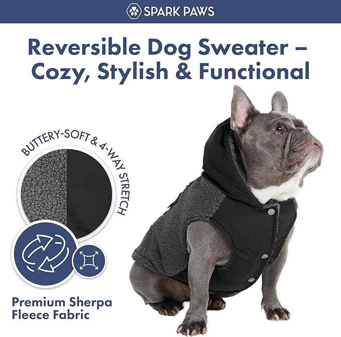 Spark Paws Reversible Dog Sweater, Sherpa Vest with Warm Fleece Lining, Warm Coat for Winter, Suitable for Small Medium, Large, XL XXL Dogs - Black and Grey - 2XL