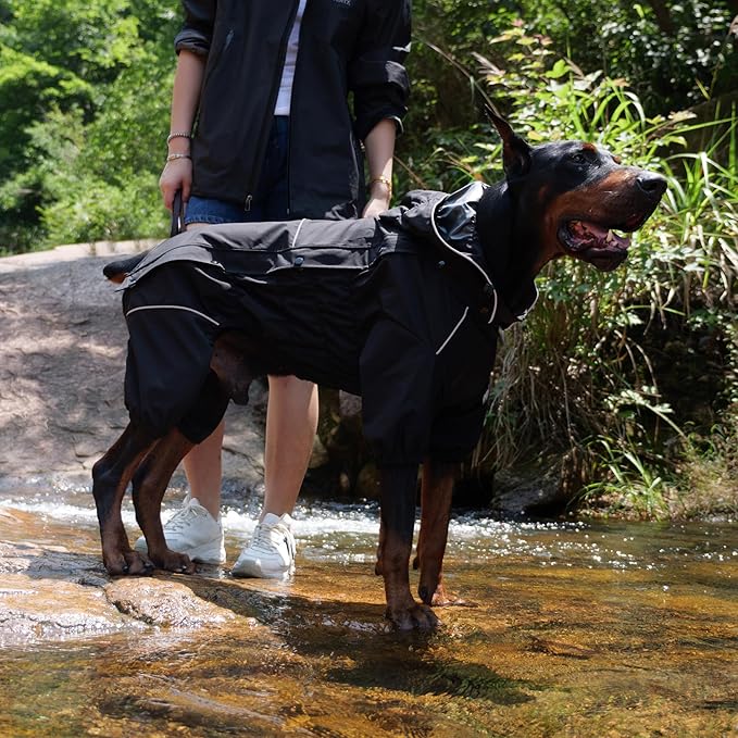 LOVELONGLONG Fleece-Lined Dog Raincoat with Removable Hood – Waterproof Winter Full Body Dog Jacket – Windproof Snowproof Cold-Weather Suit – Black-F XS