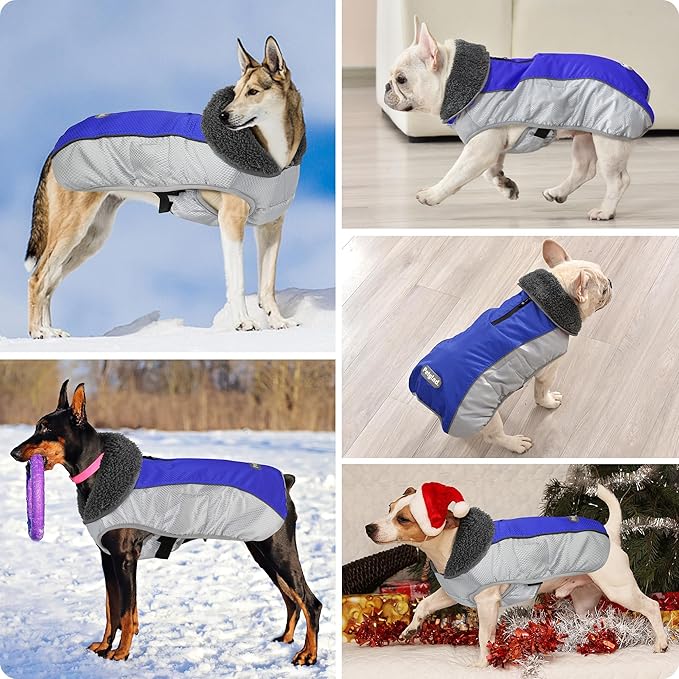 Dog Coat, Waterproof Ripstop Dog Winter Jacket with Leash Hole, Reflective Adjustable Warm Pet Fleece Snow Sweater for Small Medium Large Dogs - Blue, L