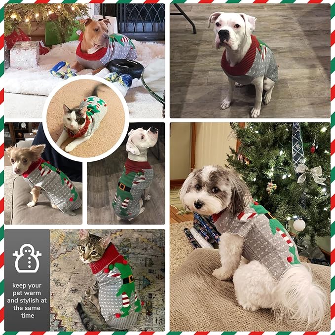 PETCARE Dog Christmas Sweater Ugly Elf Clown Cat Sweater Vest Pet Jumper Grey Green Holiday Dog Clothes Puppy Sweaters for Small Medium Large Dogs Cats Fall Winter Outfits Xmas Dogs Costume,Medium