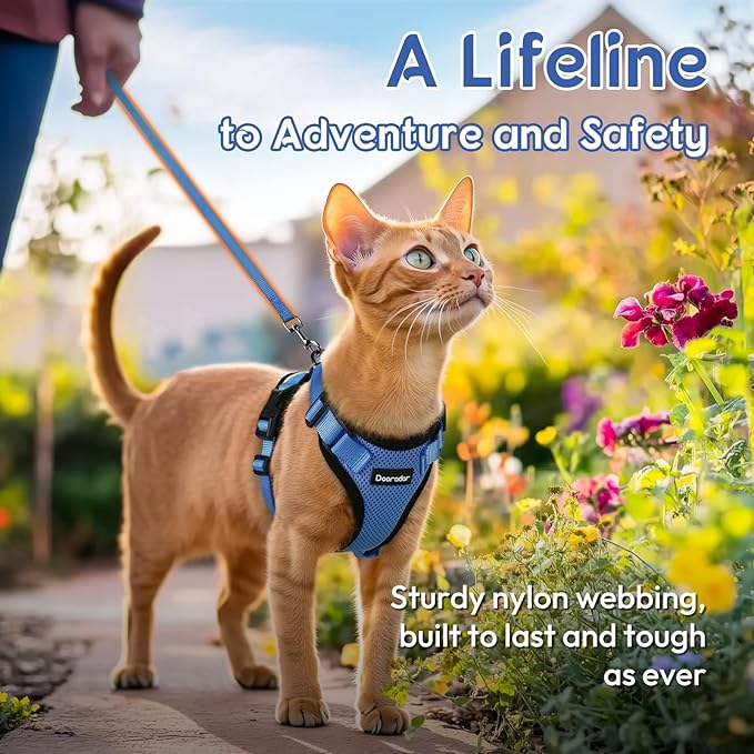 Dooradar Cat Harness and Leash Set, Escape Proof Safe Adjustable Kitten Vest Harnesses for Walking, Easy Control Soft Breathable Mesh Jacket with Reflective Strips for Cats, Blue, M