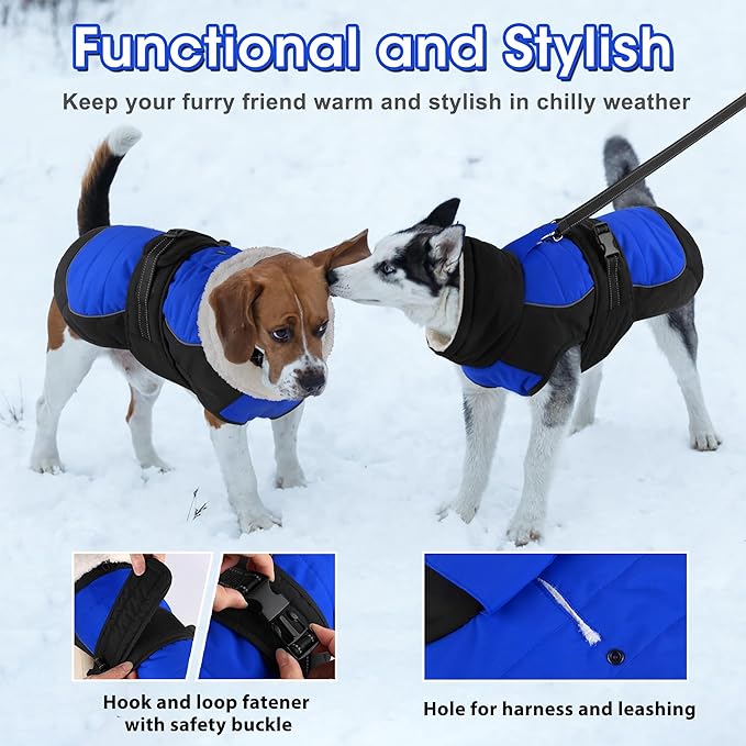 Dogcheer Waterproof Dog Coat, Christmas Dog Winter Jacket, Adjustable Puppy Fleece Coat for Cold Weather, Reflective Turtleneck Snow Jacket for Small Medium Large Dogs - Blue, M