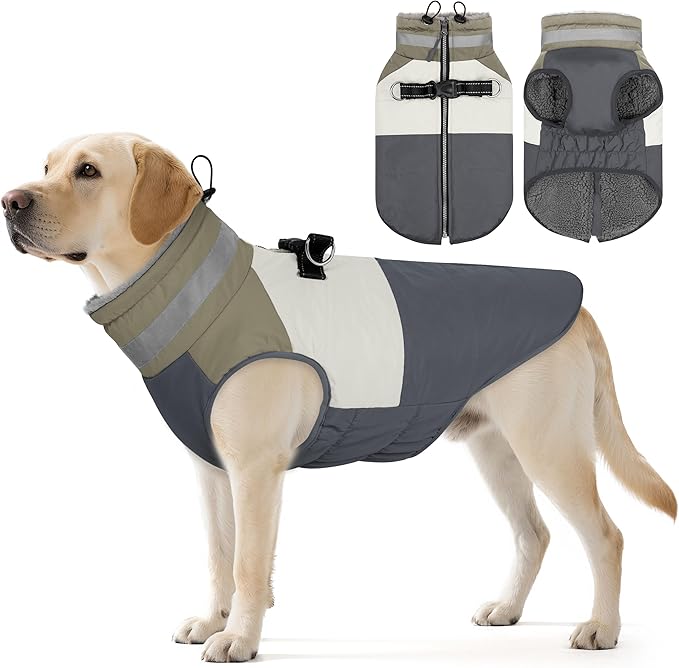 Dog Coats for Large Dogs, Reflective Dog Winter Coat Waterproof Windproof Clothes, Warm Cold Weather Dogs Jacket with Harness Built in Turtleneck Snowsuit, Grey XXX-Large