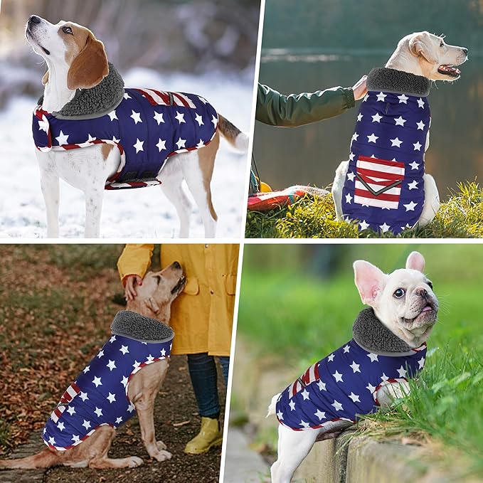 Dog Coat, Waterproof Dog Winter Jacket with Pocket, Reflective Adjustable Pet Snow Vest, Warm Cozy Fleece Sweater for Small Medium Extra Large Dogs - American Flag, L