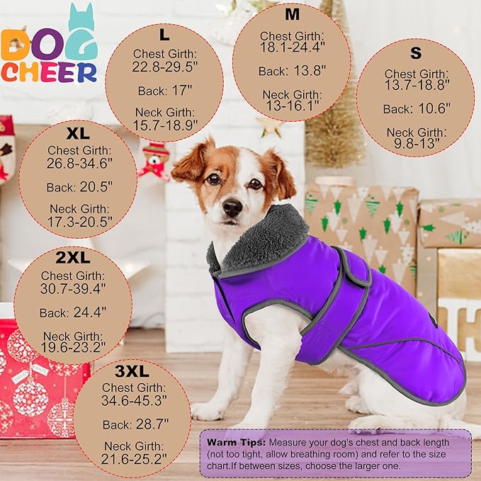 Dogcheer Dog Coat, Waterproof Dog Jacket Reflective Pet Winter Coat with Adjustable Hook & Loop, Christmas Puppy Fleece Jacket Warm Turtleneck Snowsuit for Small Medium Large Dogs - Purple, L